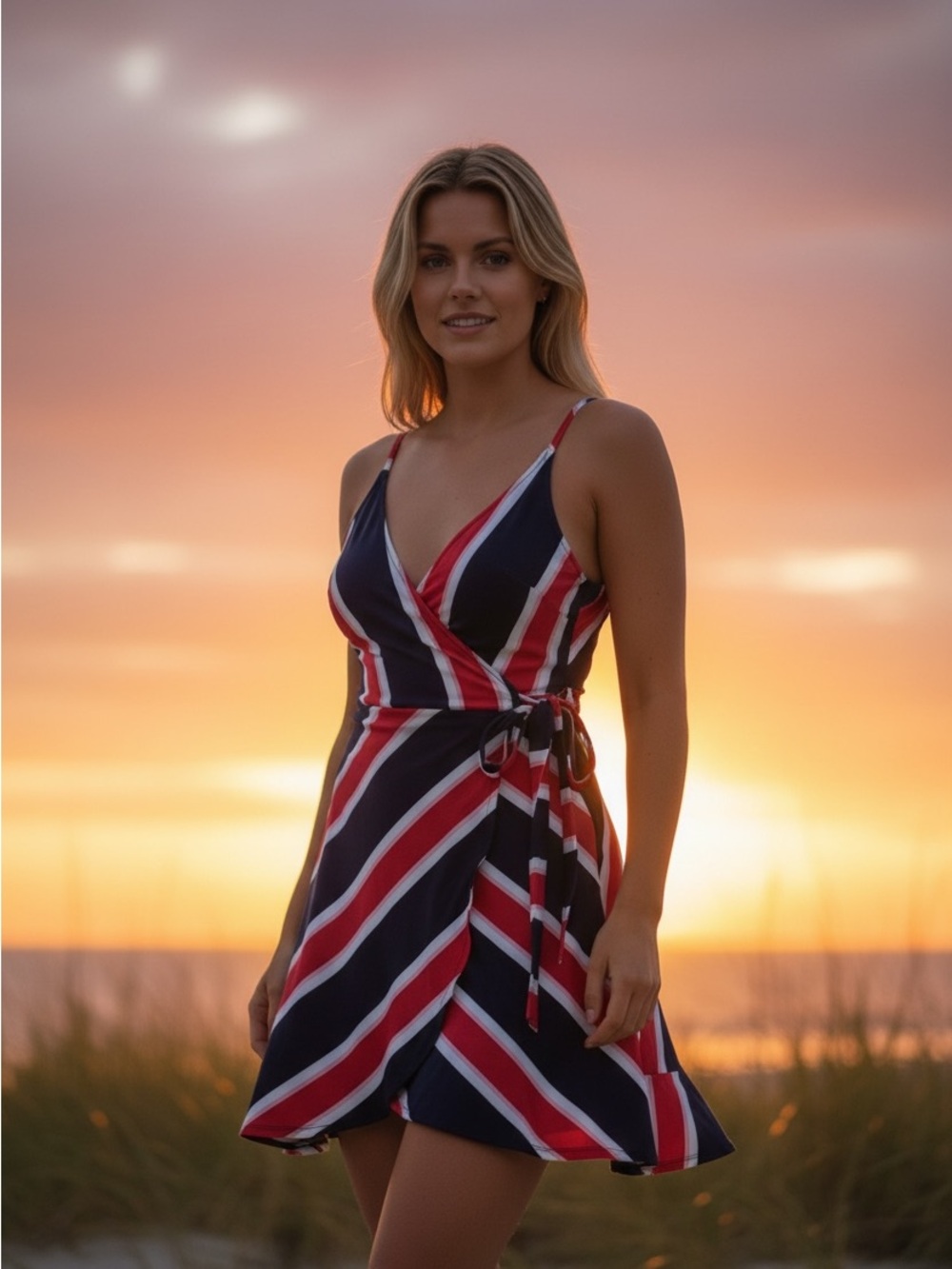 Express Striped Wrap Mini Dress in Navy, Red & White